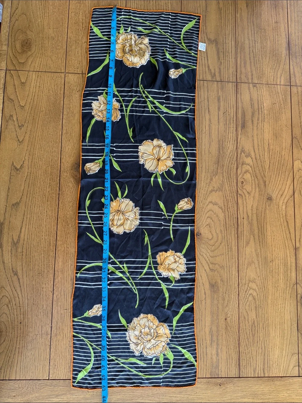 Vintage Triangle Brand 100% Silk Scarf Black Striped Floral Orange Trim